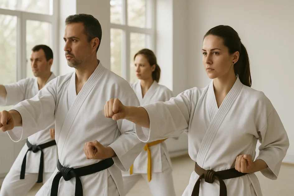 Grup de adulți români antrenându-se împreună în sala de sport, exersând tehnici de arte marțiale.