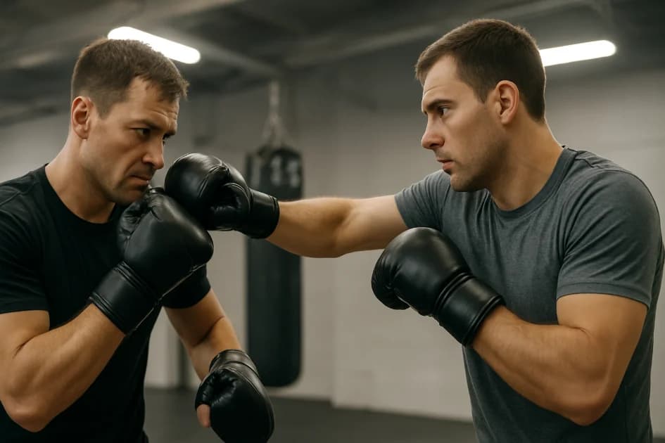 Doi bărbați antrenându-se la MMA într-o sală de sport, practicând lovituri cu mănuși de antrenament.