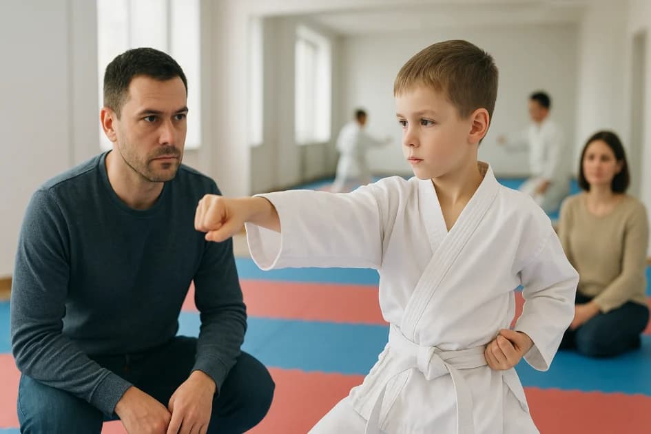 Tată și fiu români antrenându-se împreună în dojo, fiul exersând mișcări de arte marțiale.