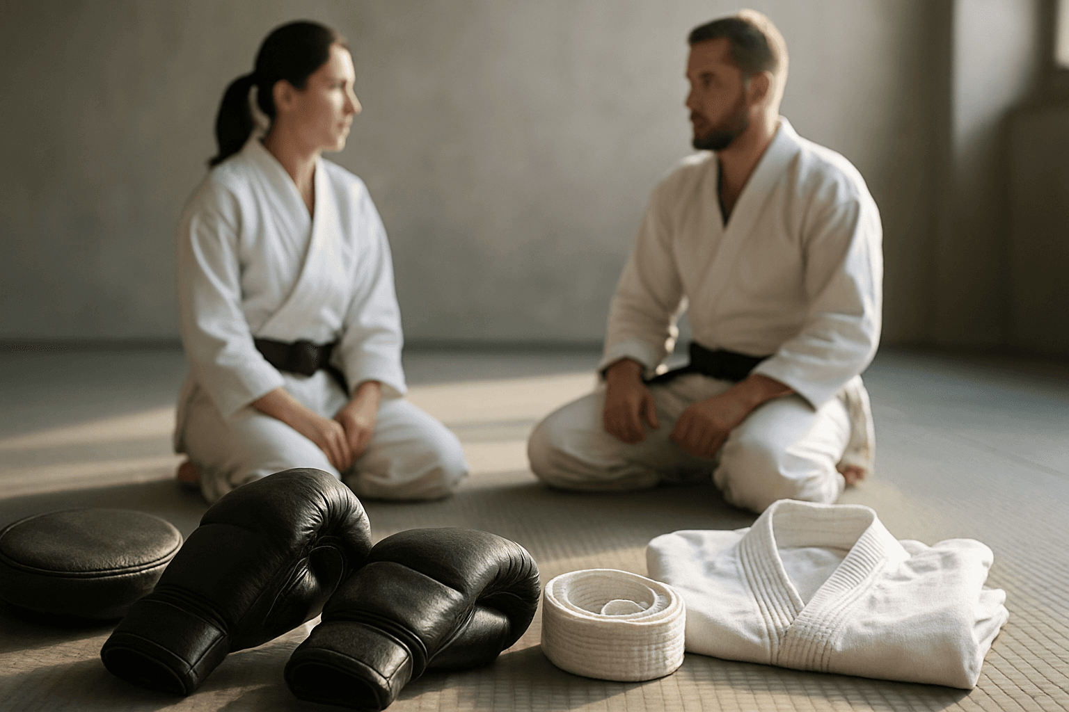 Echipament de arte marțiale pe saltea, inclusiv mănuși de box, centură judo, rashguard BJJ și protectoare tibiale.