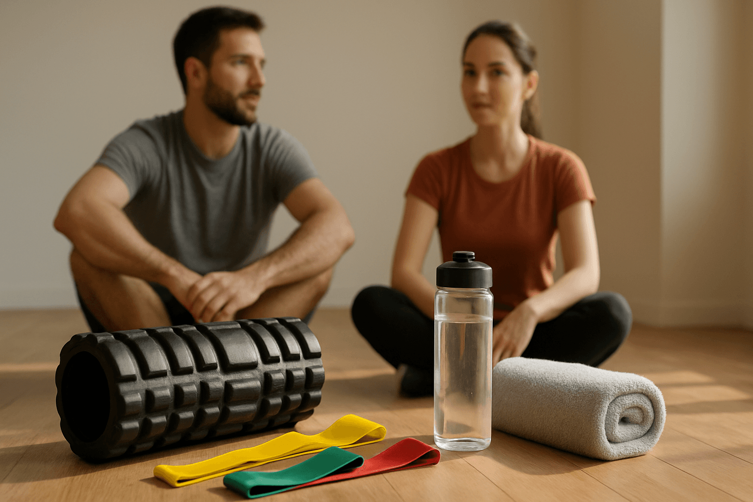 Echipament de recuperare sportivă pe podea din lemn cu role de spumă, benzi elastice, sticlă și prosop.