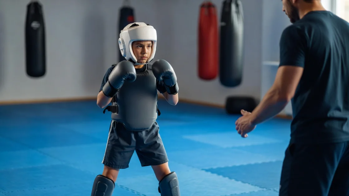 Băiat în echipament sportiv, încrezător, se antrenează cu antrenor într-o sală cu tatami albastru și saci de box.