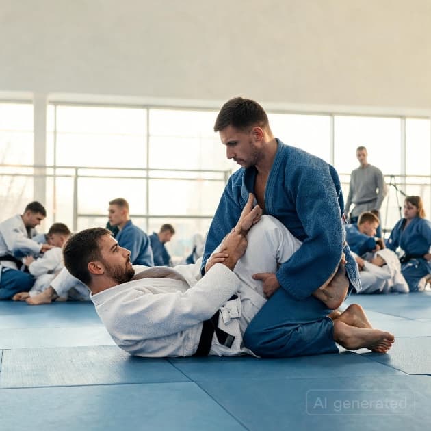 Bărbați antrenați în Brazilian Jiu-Jitsu demonstrând tehnică de evadare pe saltea, într-o sală modernă luminoasă.