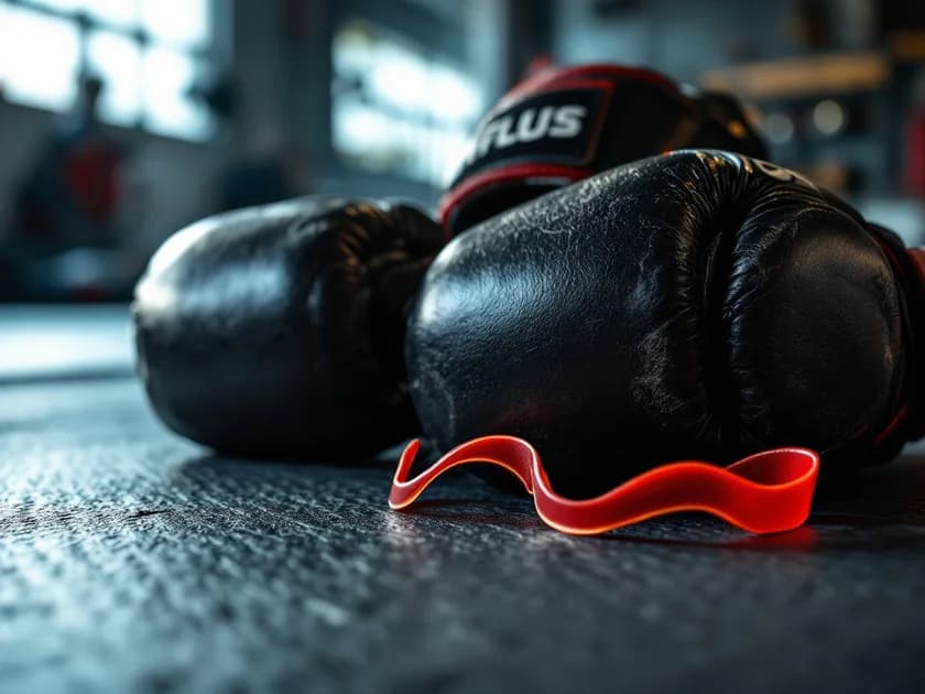 Echipament de protecție MMA pe saltea de antrenament, cu mănuși, cască și protecție pentru gură.