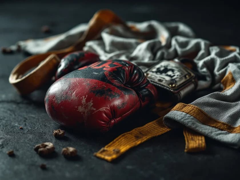 Echipament de antrenament arte marțiale: mănuși de box, centură judo și rashguard pe saltea de sală.