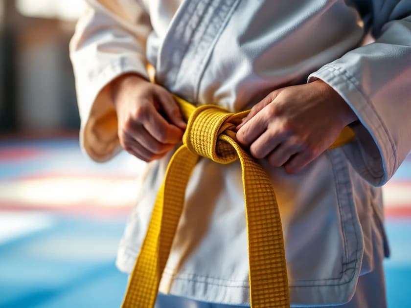 Mâini leagă o centură colorată pe un kimono mic, în dojo cu podea și saltele în fundal.