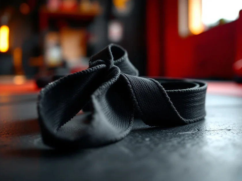 Centură neagră de Brazilian Jiu-Jitsu uzată, pe saltea de antrenament, iluminată de lumină caldă.