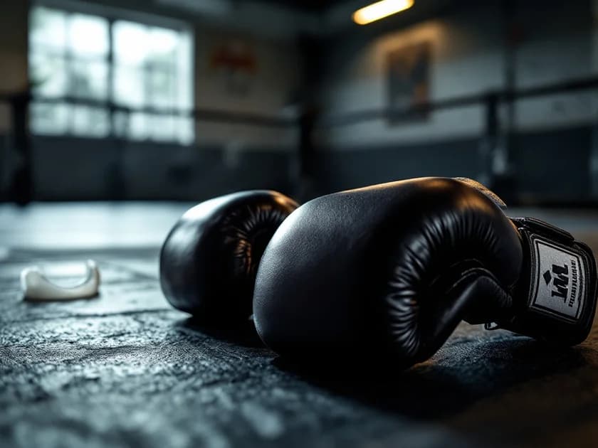 Echipament de protecție MMA pe saltea, mănuși, cască și protecție pentru gură lângă cușca de antrenament.