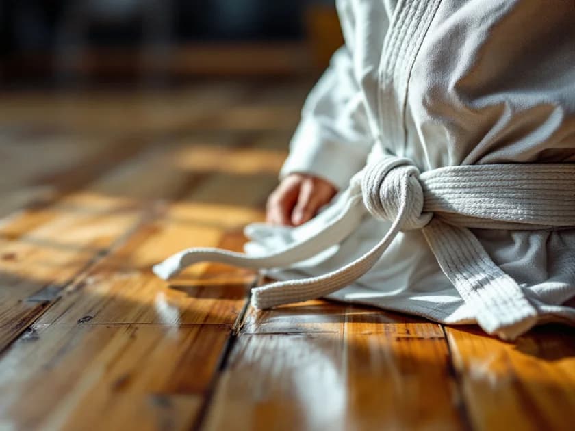 Centură de arte marțiale legată pe o uniformă de antrenament, pe podeaua unei săli de sport.